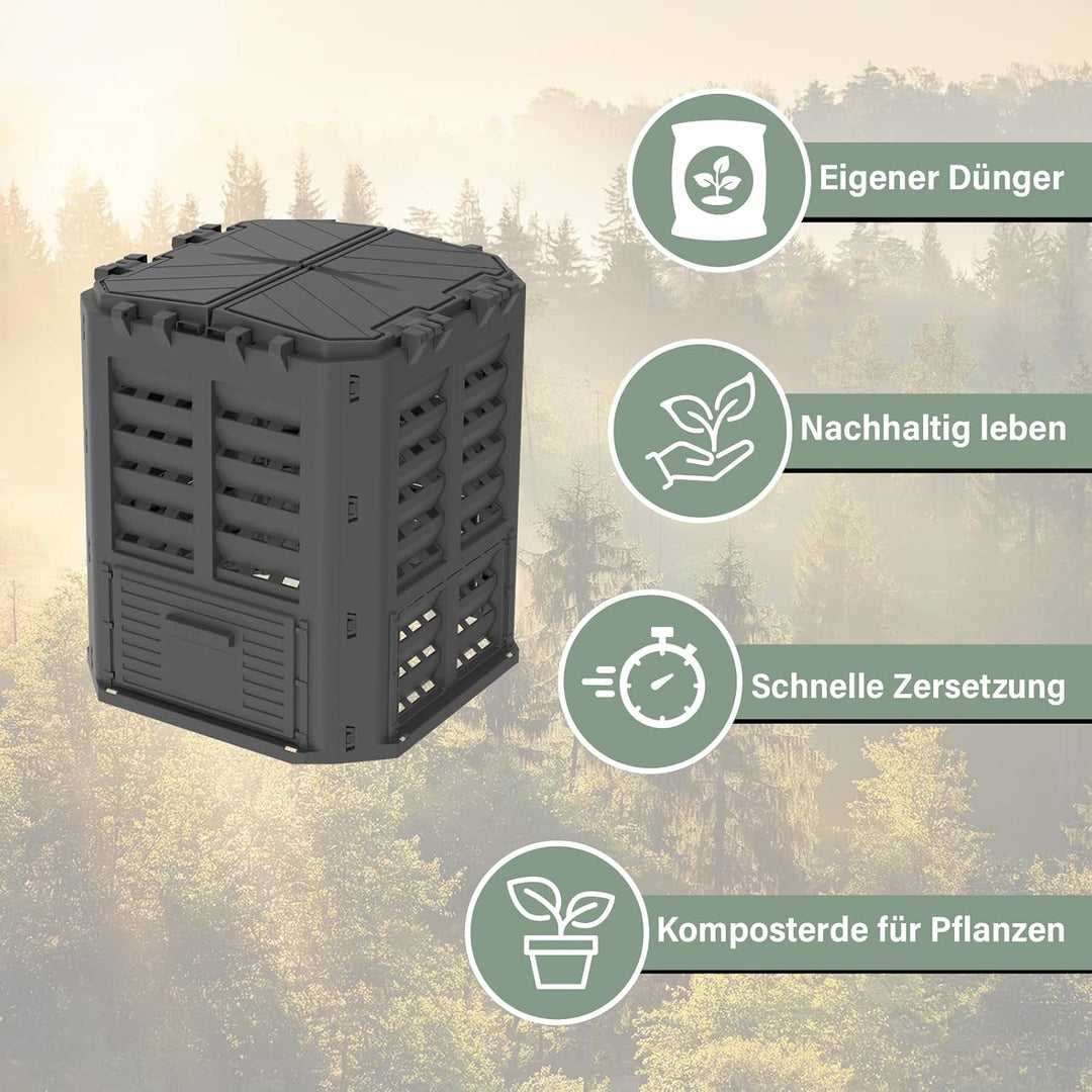 Thermokomposter 360L Garten Komposter mit Deckel Schwarz | 360 L Thermokomposter aus wetterfestem Ku
