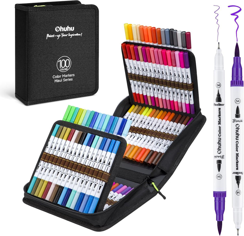 Ohuhu Filzstifte 100 Farben, Dual Brush Pen Pinselstifte Aquarell Marker Stifte Set für Kind und Erw