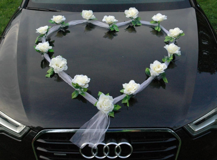 Organza Herz Auto Schmuck Braut Paar Rose Deko Dekoration Autoschmuck Hochzeit Car Auto Wedding Deko