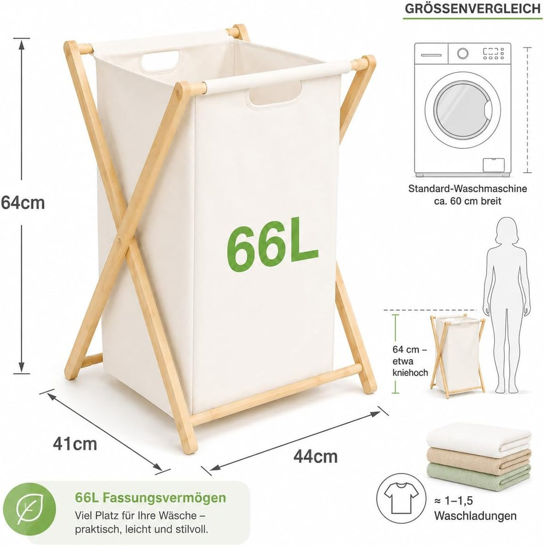Zedelmaier 3er Faltbare Bambus-Wäschekörbe mit 66 Liter pro Stück | Einzelfach-Design,Badezimmer, Sc