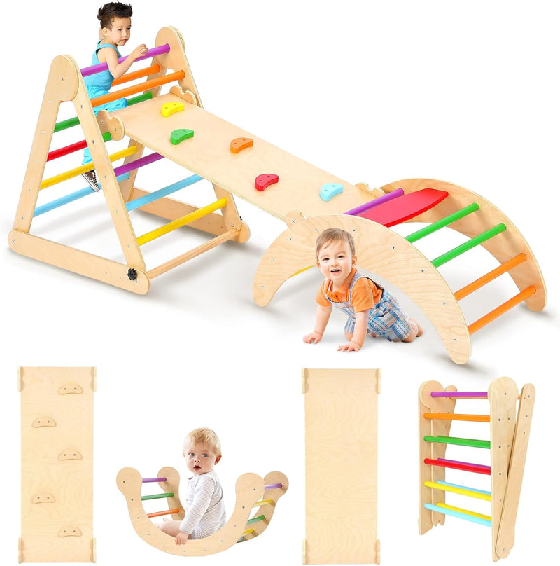 YOLEO Klettergerüst Indoor, 3-in-1 Montessori kletterdreieck mit Rutsche, Kletterbogen, Stabilem Bab