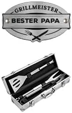 AMAVEL Grillkoffer aus Edelstahl mit Besteck und Gravur Grillmeister & Bester Papa, Pfannenwender, G