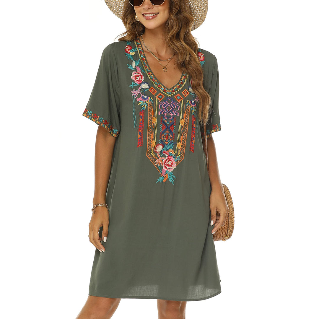 Vakakado Frauen Sommer Boho Mexican Peasant Dress Kurzarm Floral Bestickte Flowy Kleider Lose Hippie