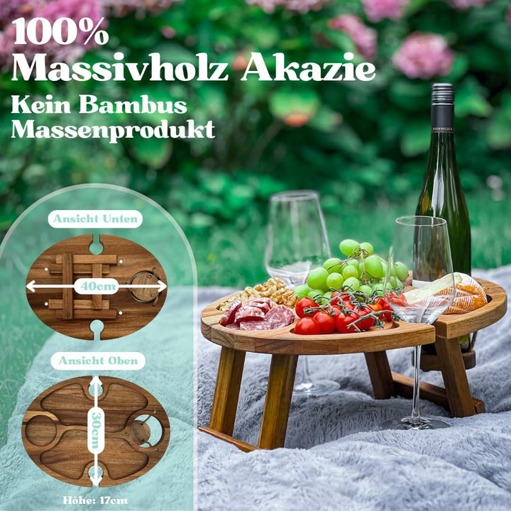 Weintisch Akazie Massivholz - Weinbar & Weintablett für Zuhause oder Outdoor - geeignet als Picknick