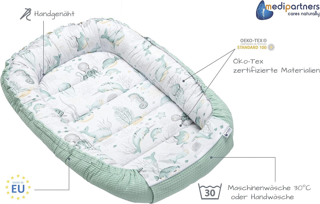 Medi Partners Babynest Kuschelnest Babynestchen 100% Baumwolle Waffle Nestchen Reisebett für Babys S