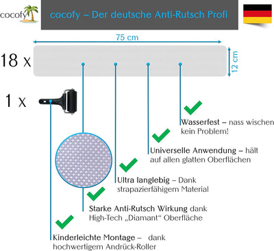 cocofy Anti Rutsch Treppe, 18x Streifen XXL (75x12 cm) transparent für Treppenstufen innen, Starker