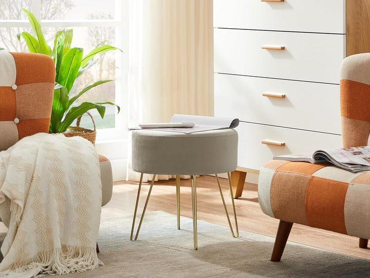 Zedelmaier Runder Sitzhocker Schminktisch Hocker Ottoman Gepolsterter Hocker Metallstütze Beige Beig