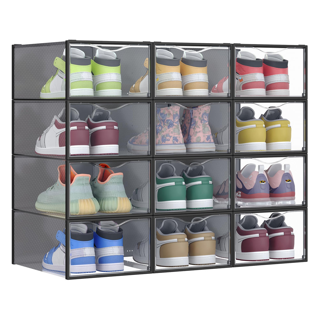 SONGMICS Schuhboxen, Schuh-Organizer aus Kunststoff, mit Tür, durchsichtig, 12er Set, stapelbar, ein