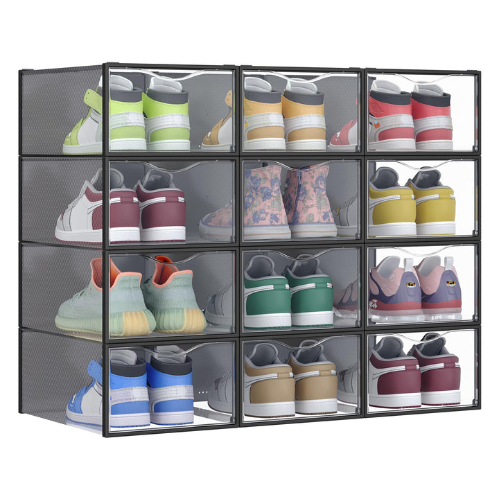 SONGMICS Schuhboxen, Schuh-Organizer aus Kunststoff, mit Tür, durchsichtig, 12er Set, stapelbar, ein