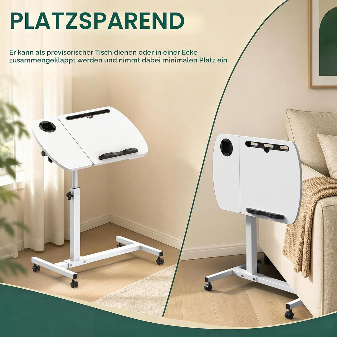 Soontrans Beistelltisch mit Rollen, Betttisch Klappbar 60×40cm, Laptoptisch Höhenverstellbar, Neigun