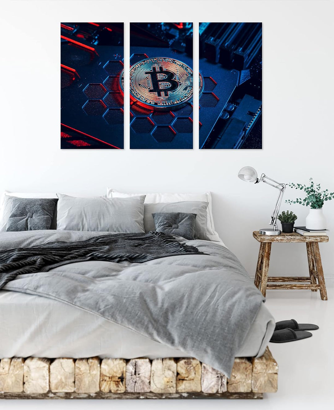 Bitcoin BTC auf Computerchipals Leinwandbild 3 teilig | Grösse: 120x80 cm | Wandbild | Kunstdruck |