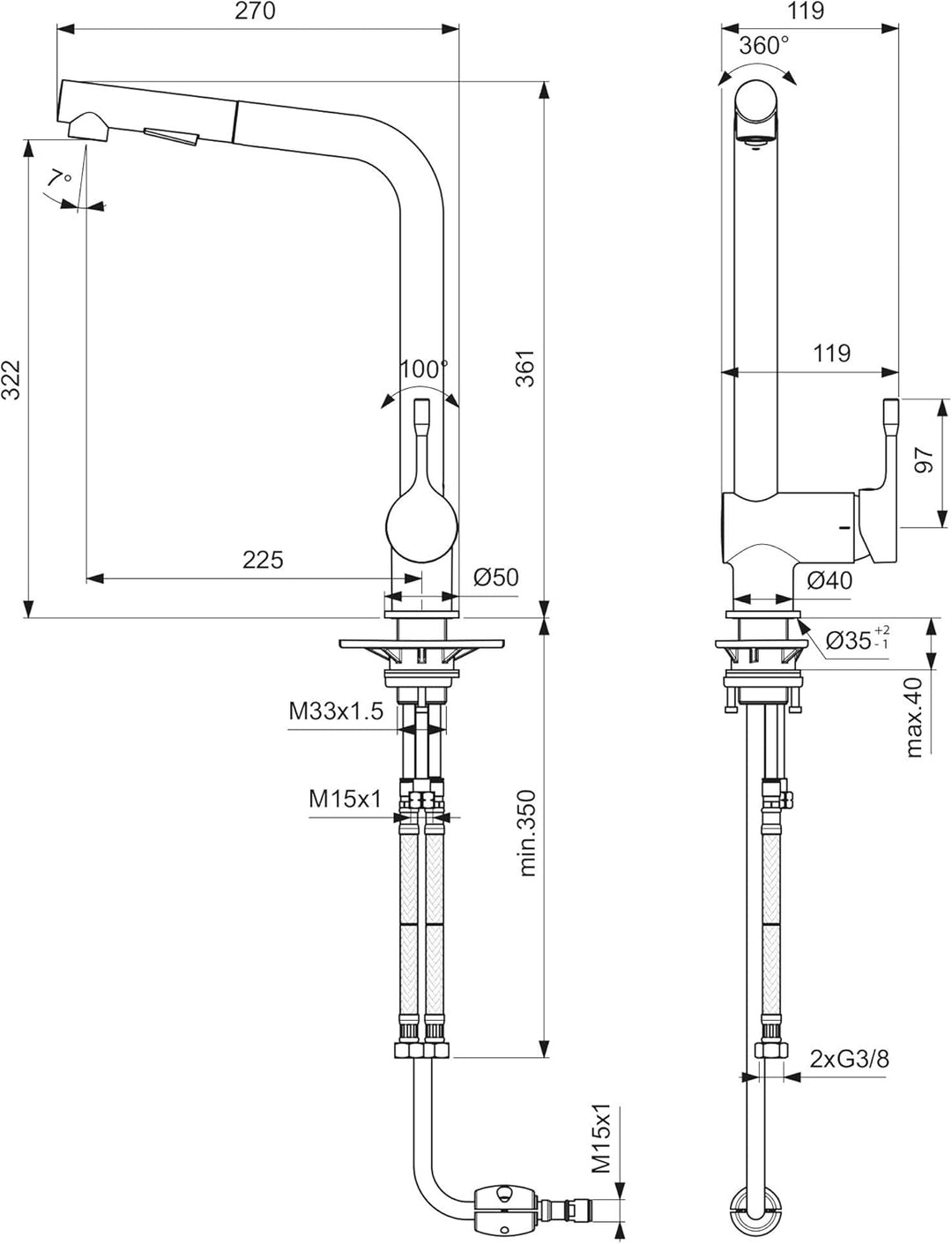 Ideal Standard BC178AA Ceralook Küchenarmatur hoher Auslauf Ausziehbare Handbrause mit 2