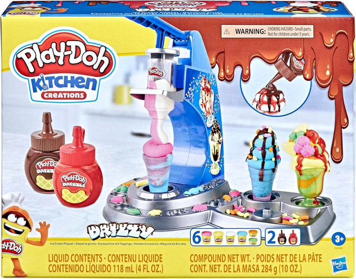 Play-Doh Drizzy Eismaschine mit Toppings, inklusive Drizzle Knete und 6 Farben, Drizzy Eis
