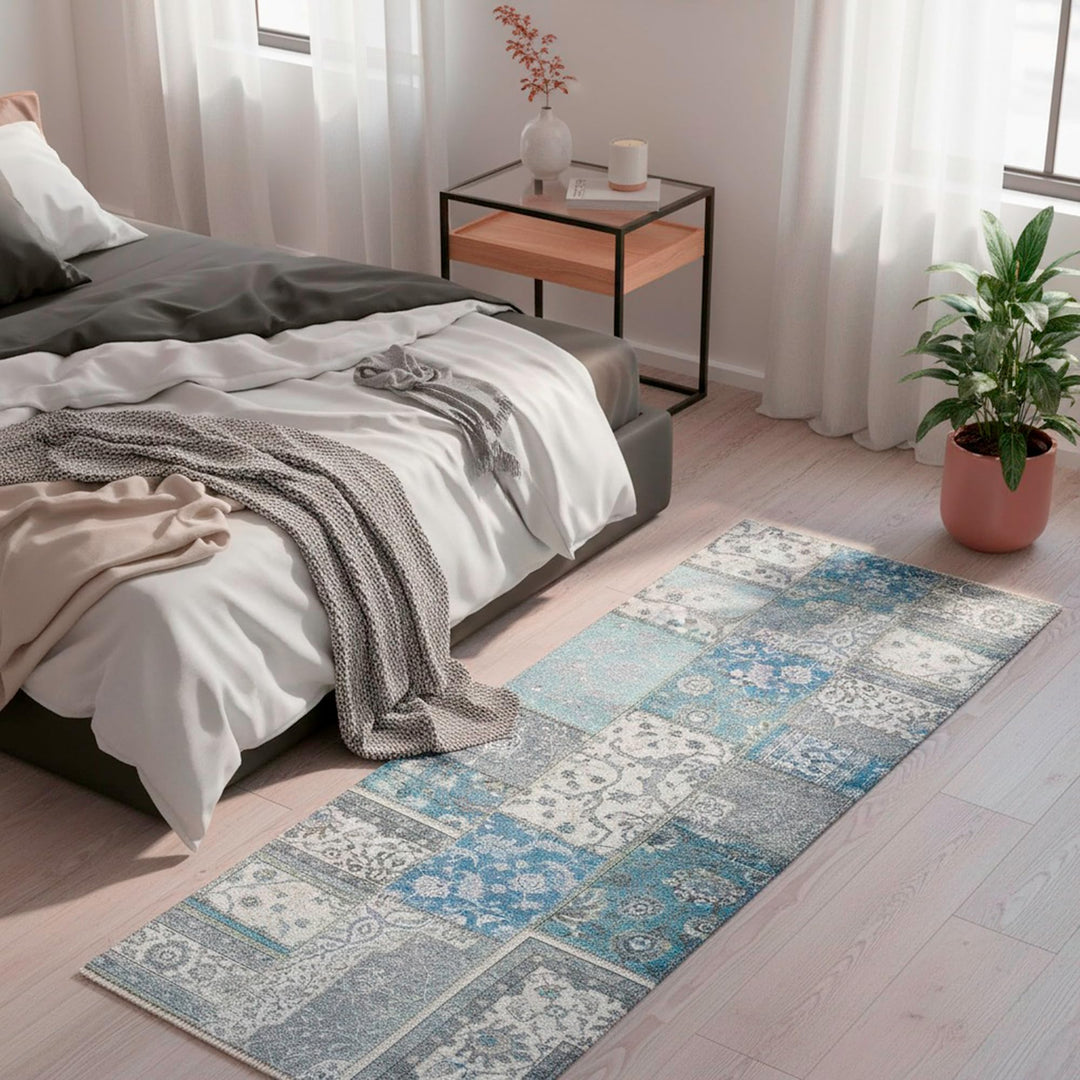 TESSO LIVING Kelim Patchwork Teppich Wohnzimmer Blau 80 X 145 cm, Moderner Kurzflor Teppich, Super S