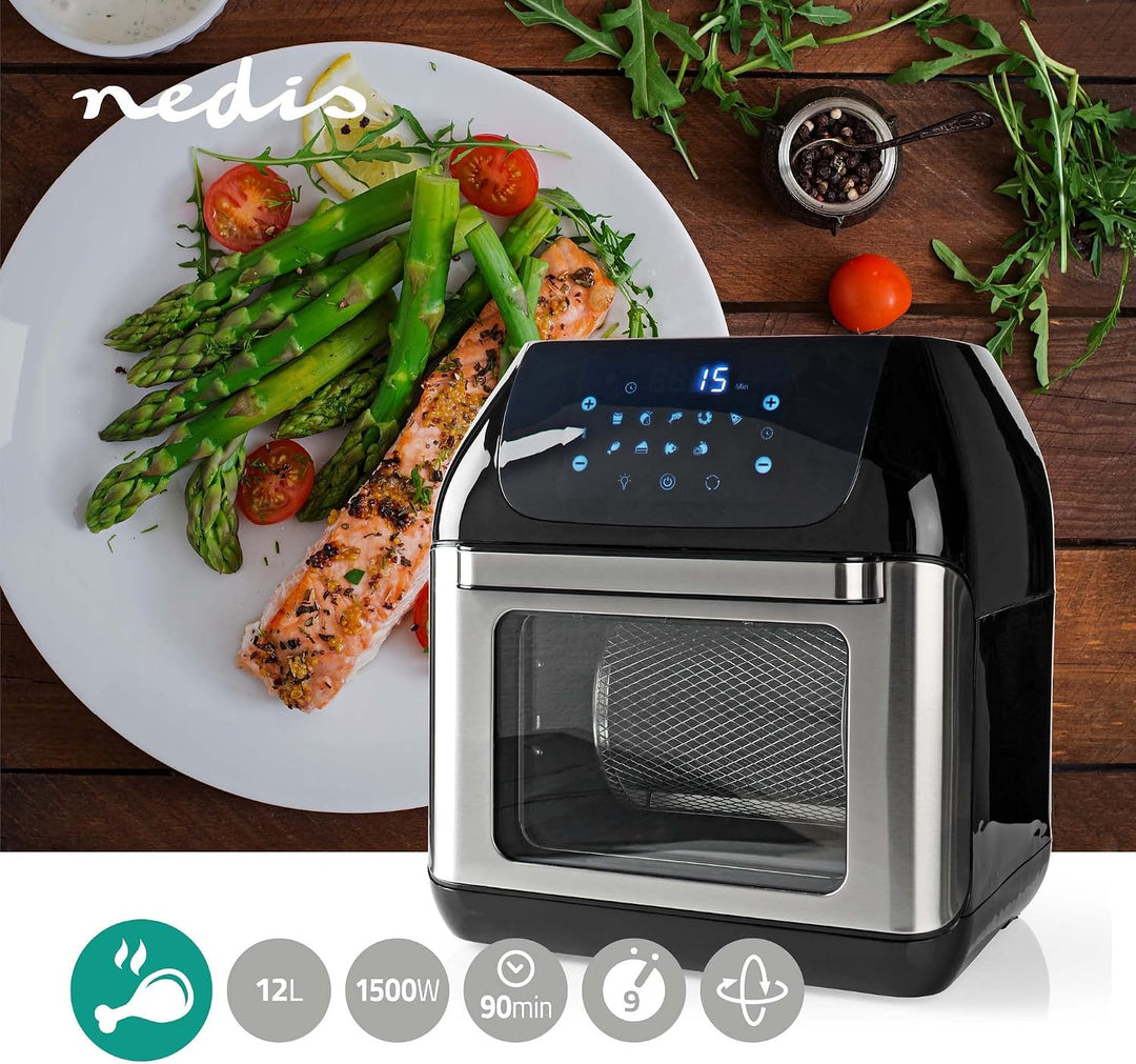 Nedis KAAFO300EBK Heissluftfritteuse – 12L – 1500W – Touchscreen – 9 Programme – Mit Drehspiess – Sc