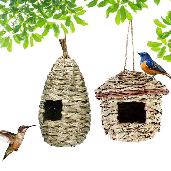 2 Stück Gras Bird Nest, Vogelhaus Vogelnest, Handgewebte Vogelhäuser, Kolibri-Haus für Draussen Aufh