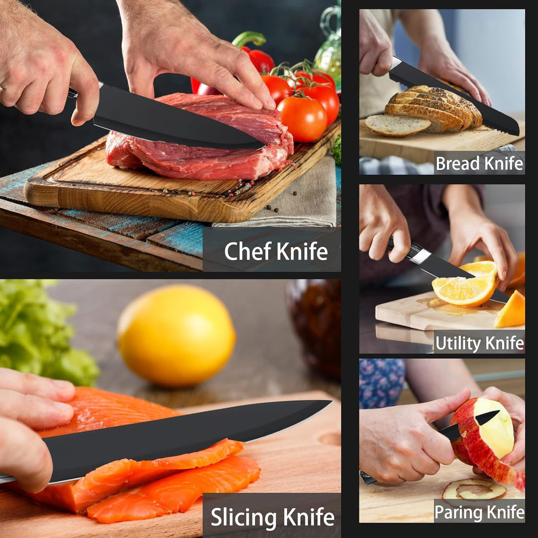 BEWOS Messerset, Schwarz Scharfe Edelstahl Küchenmesser Set, 5PCS Kochmesser Set ink. Kochmesser, Ge