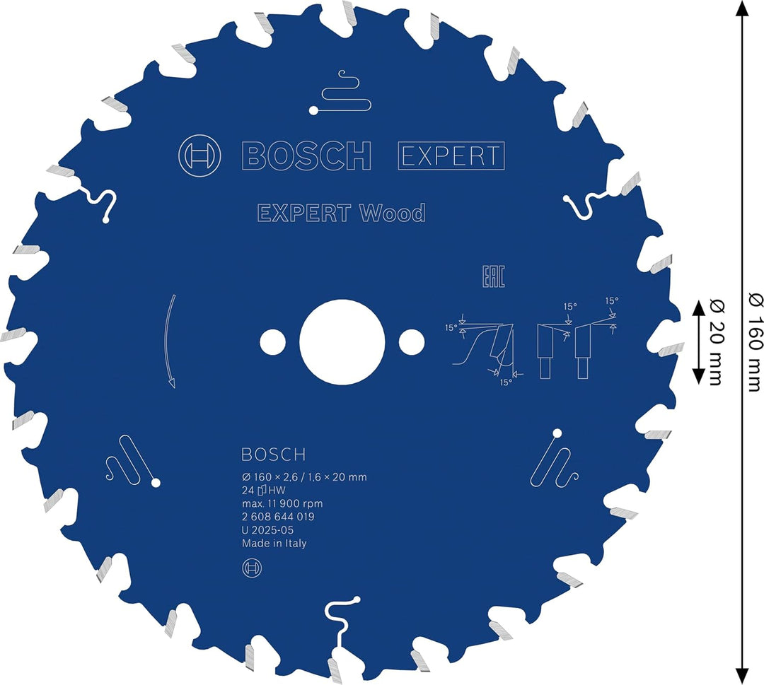 Bosch Professional 1x Kreissägeblatt Expert for Wood (Holz, Sägeblatt Ø 160 x 20 x 2,6 mm, 24 Zähne,