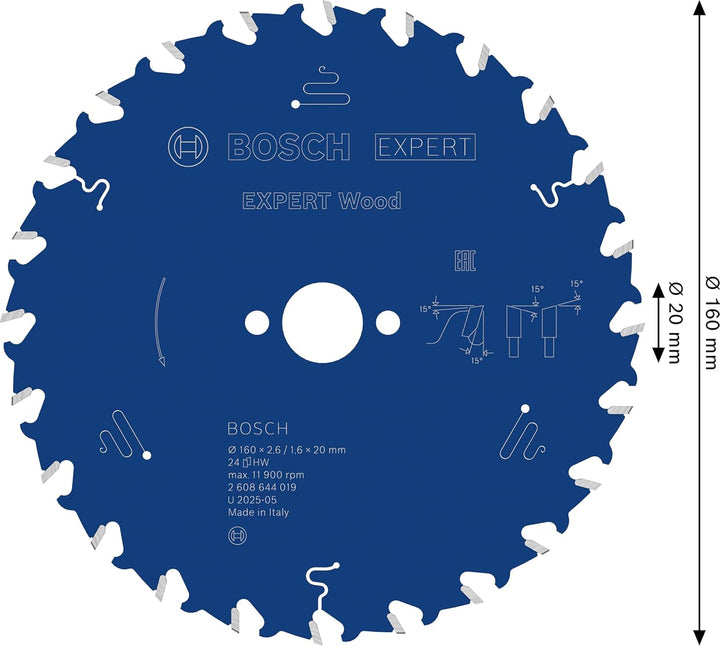 Bosch Professional 1x Kreissägeblatt Expert for Wood (Holz, Sägeblatt Ø 160 x 20 x 2,6 mm, 24 Zähne,