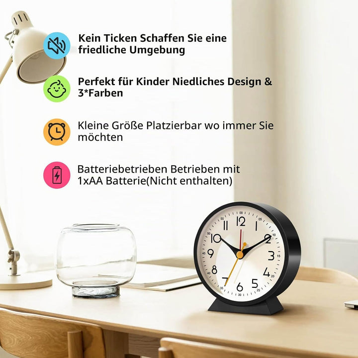 Azyh Analoger Wecker ohne Ticken, Kleine Retro Tischuhr, Tischuhr für Wohnzimmerdekoration, Schlafzi