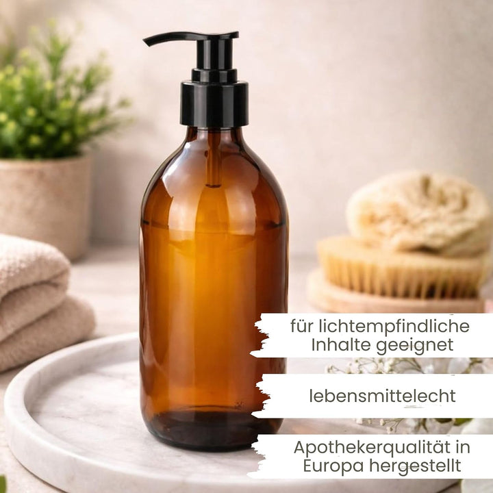 mikken 2 Seifenspender 500 ml Lotionspender aus Braunglas, BPA frei, lebensmittelecht inkl. 1 Tricht