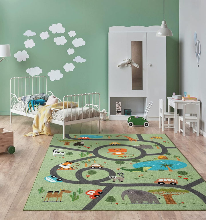 the carpet Happy Life – Kinderteppich Spielteppich mit Strassen‑Motiv, Dschungel, Tiere & Autos, rut
