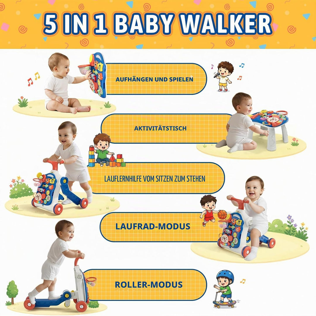 HYES 5 in 1 Lauflernwagen, Baby Spiel und Lauflernhilfe mit Musik und Abnehmbarem Spielboard, Laufwa