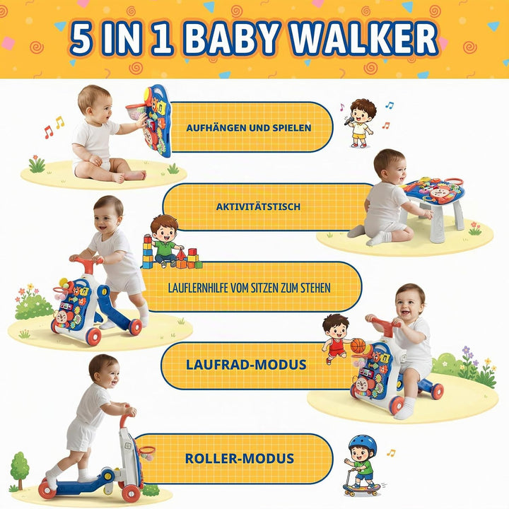 HYES 5 in 1 Lauflernwagen, Baby Spiel und Lauflernhilfe mit Musik und Abnehmbarem Spielboard, Laufwa