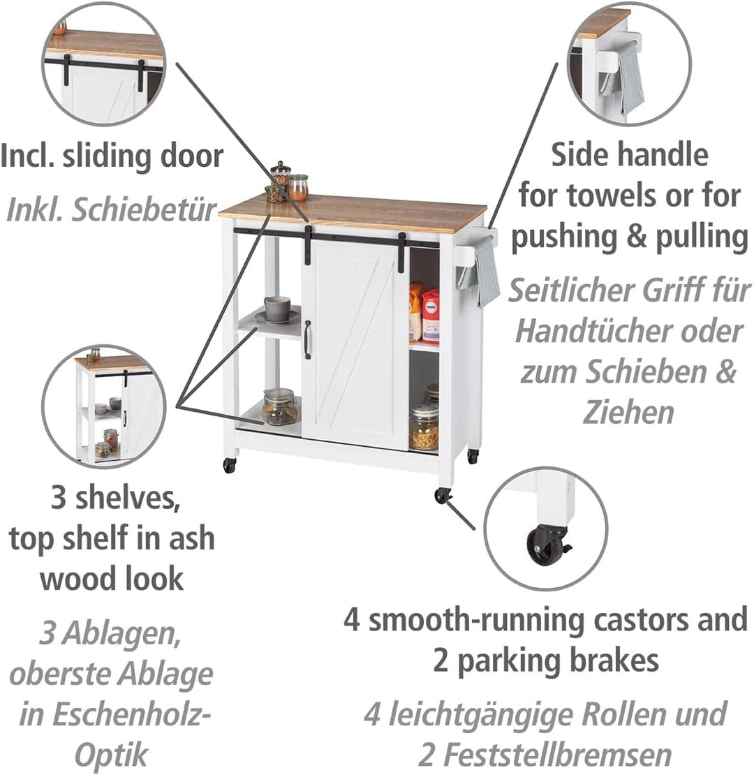 WENKO Küchenwagen Landhaus, stabiler Servierwagen mit 4 Rollen, 3 Ebenen, Schiebetür & praktischem G