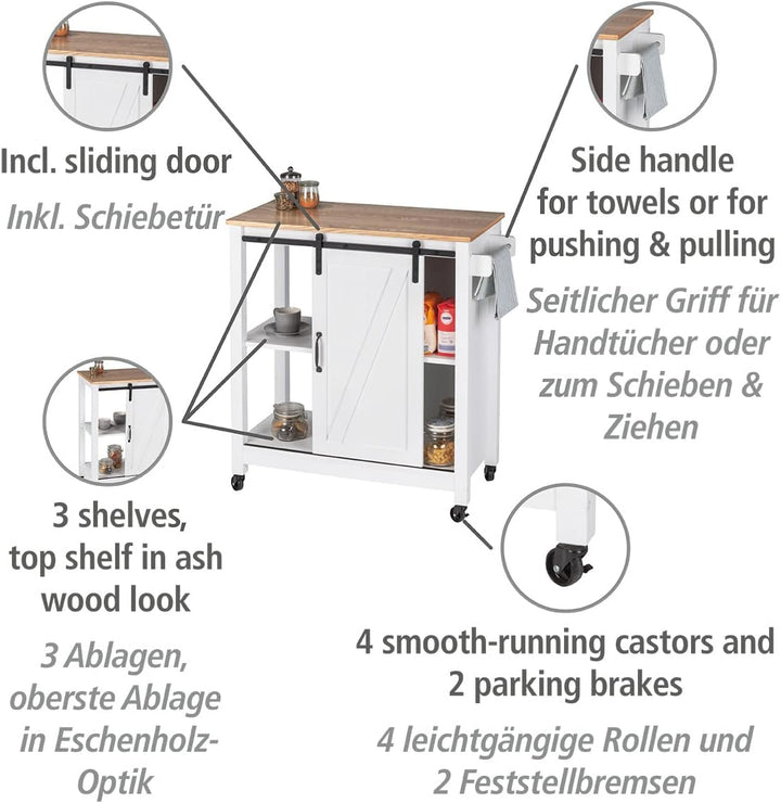 WENKO Küchenwagen Landhaus, stabiler Servierwagen mit 4 Rollen, 3 Ebenen, Schiebetür & praktischem G