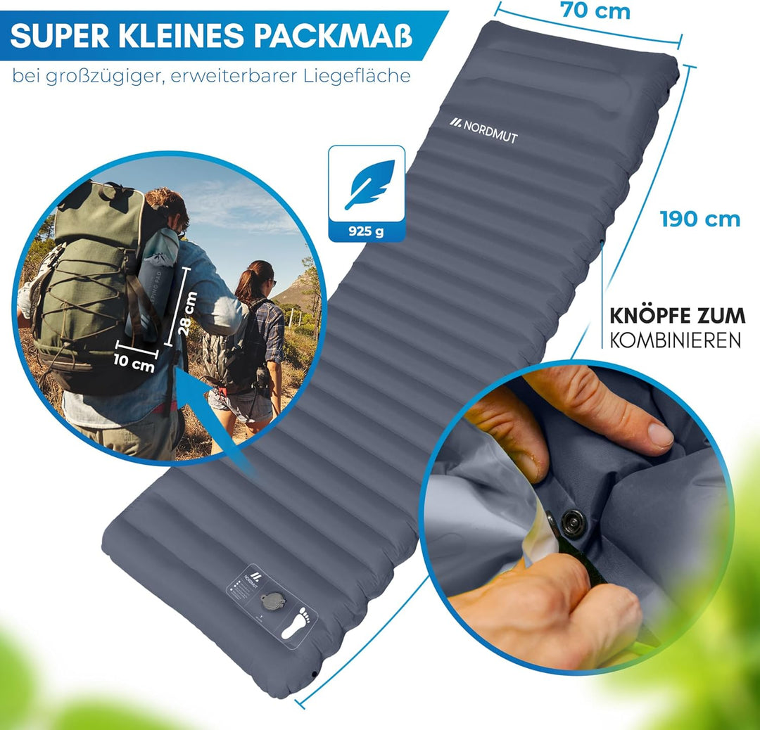 NORDMUT® Isomatte Ultraleicht [mit Reparaturset] - Aufblasbare Luftmatratze Camping kleines Packmass