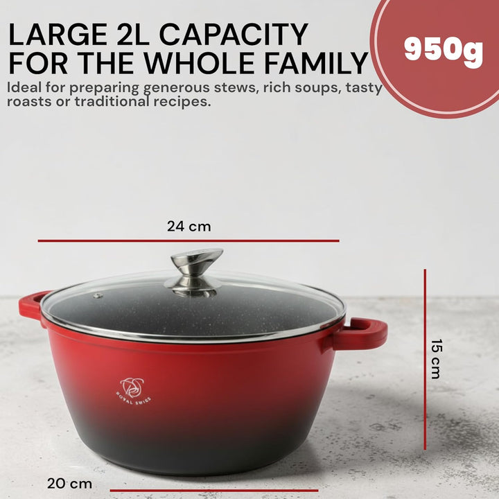 Royal Swiss Kochtopf, schwarz & rot, 2l, Marmorbeschichtung, Glasdeckel, geeignet für Induktion & Of