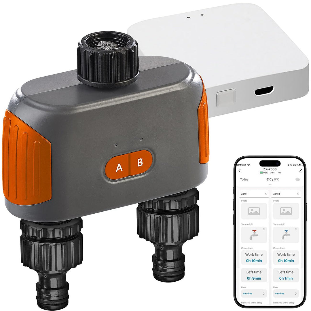 Royal Gardineer Bewässerung WiFi: 2-Zonen Bewässerungssystem, Timer, manuell & App, BT5 & WLAN Gatew