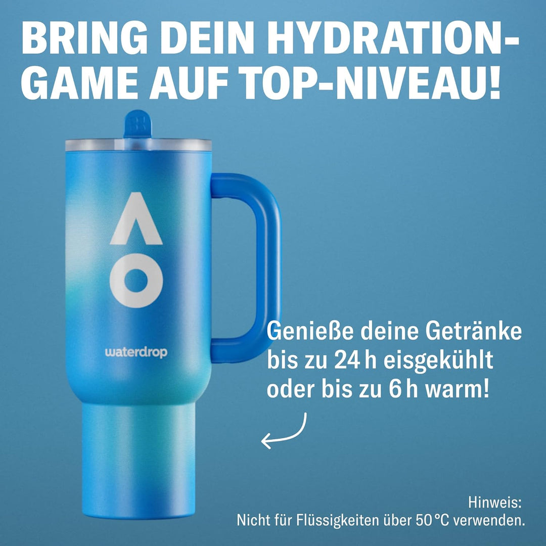 waterdrop® Australian Open 2026 Trinkflasche 1,1L - Edelstahl Isolierflasche mit Strohhalm & Griff,