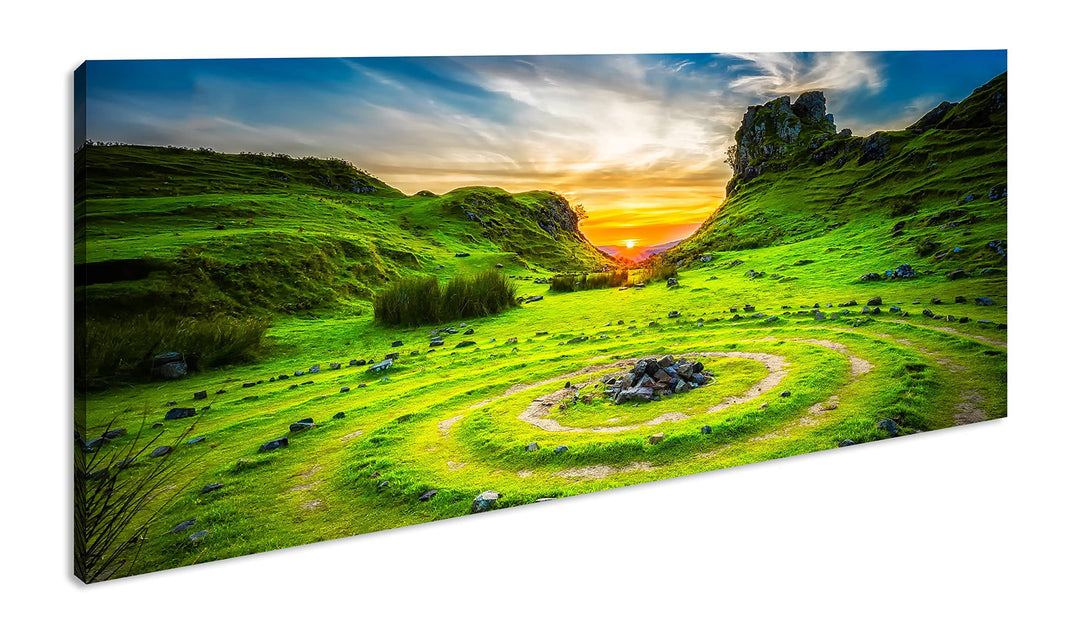 Steinkreise in Schottland Panorama 60x30 cm als Leinwandbild, Motiv fertig gerahmt auf Echtholzrahme