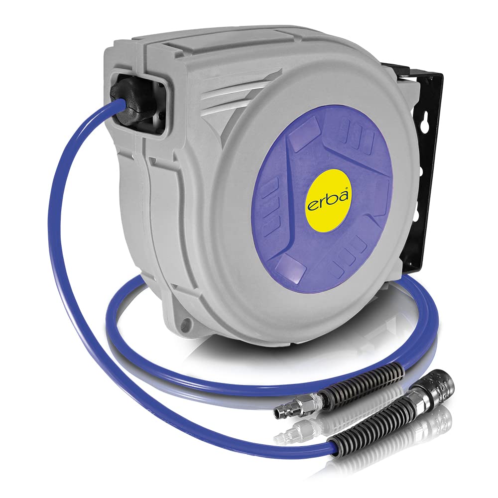 Erba 20042 Automatik Drucklufttrommel mit 15m+1,5m PU mit Stopp-Funktion, Grau/Blau, Schlauchaufroll