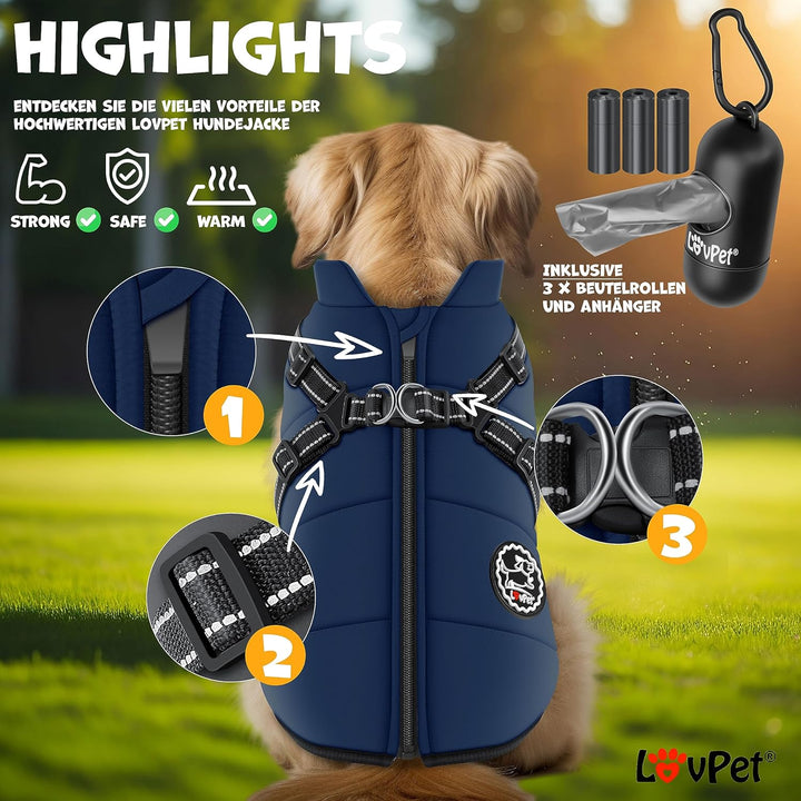 LOVPET® Hundejacke Hundemantel mit Geschirr, inkl. 45 Stück Kotbeutel + Spender, Hunde Winterweste g