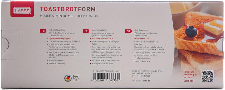 Lares Toastbrotform Edelstahl mit Teiler 30x10x9 cm – Für Toast, Vollkornbrot, Früchtebrot, Kuchen –