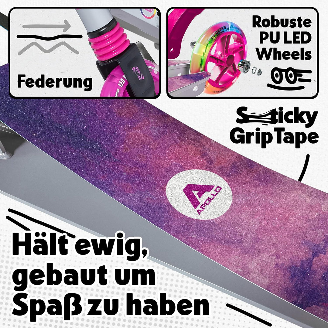 Apollo Skyracer City Roller mit LED Leuchträdern | Roller Kinder 6 Jahre | City Scooter mit Federung
