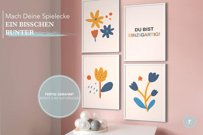 Papierschmiede® Kinderbilder 4er Set, A4 gerahmt in Holzrahmen (weiss), Geschenk für Mädchen & Junge