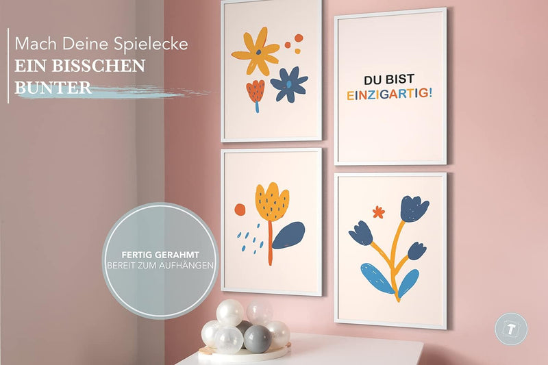 Papierschmiede® Kinderbilder 4er Set, A4 gerahmt in Holzrahmen (weiss), Geschenk für Mädchen & Junge