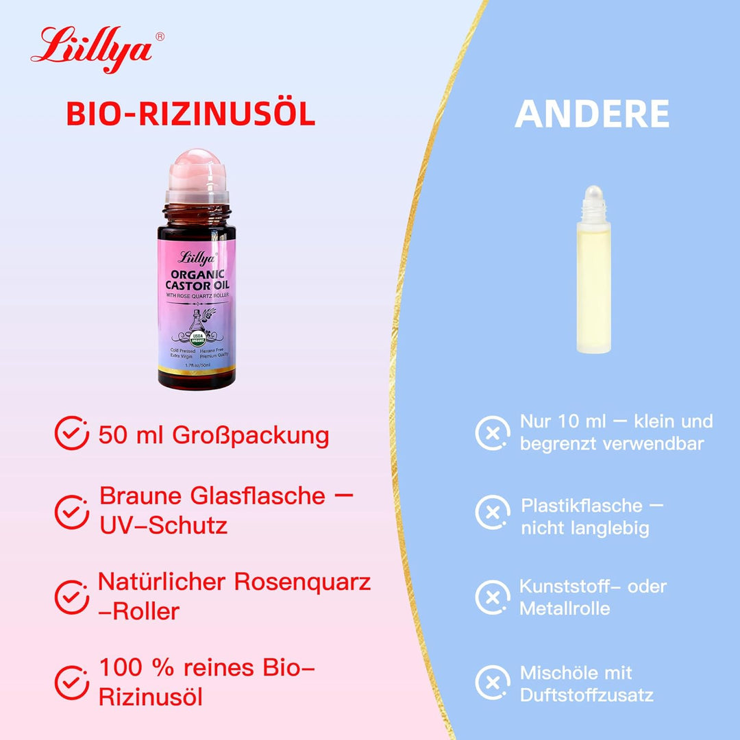 rizinusöl kaltgepresst bio Roll On mit Rosenquarz – Castor Oil Organic 100% Rein, Hexanfrei, Natürli