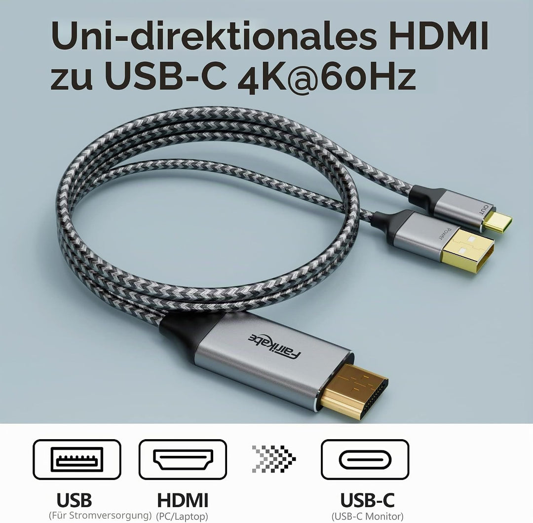 fairikabe HDMI auf USB C Kabel 4K @ 60Hz, HDMI auf USB Typ C Adapterkabel 2,0m mit USB Stromkabel, k