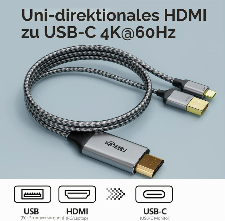 fairikabe HDMI auf USB C Kabel 4K @ 60Hz, HDMI auf USB Typ C Adapterkabel 2,0m mit USB Stromkabel, k