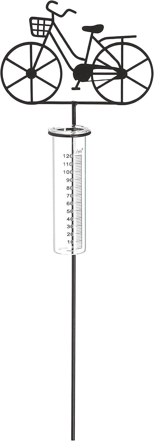 Cepewa Gartenstecker Regenmesser Fahrrad │ 18x90x5,5cm Metall Glas │ Messzylinder Niederschlagsmesse