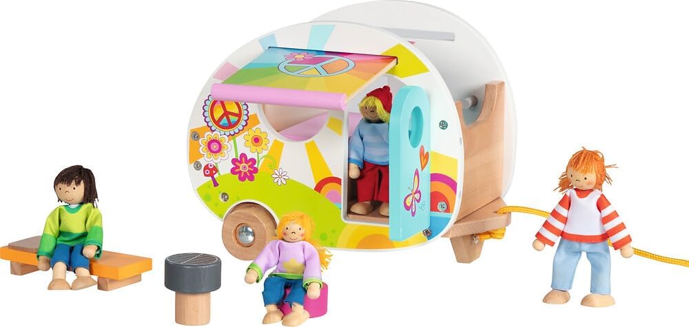 goki 51431 - Wohnwagen Camperfreude – farbenfroher goki66 Wohnanhänger aus Holz für Minipuppen/Biege