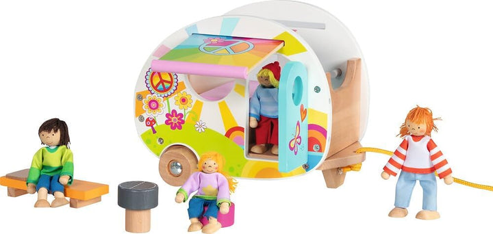 goki 51431 - Wohnwagen Camperfreude – farbenfroher goki66 Wohnanhänger aus Holz für Minipuppen/Biege