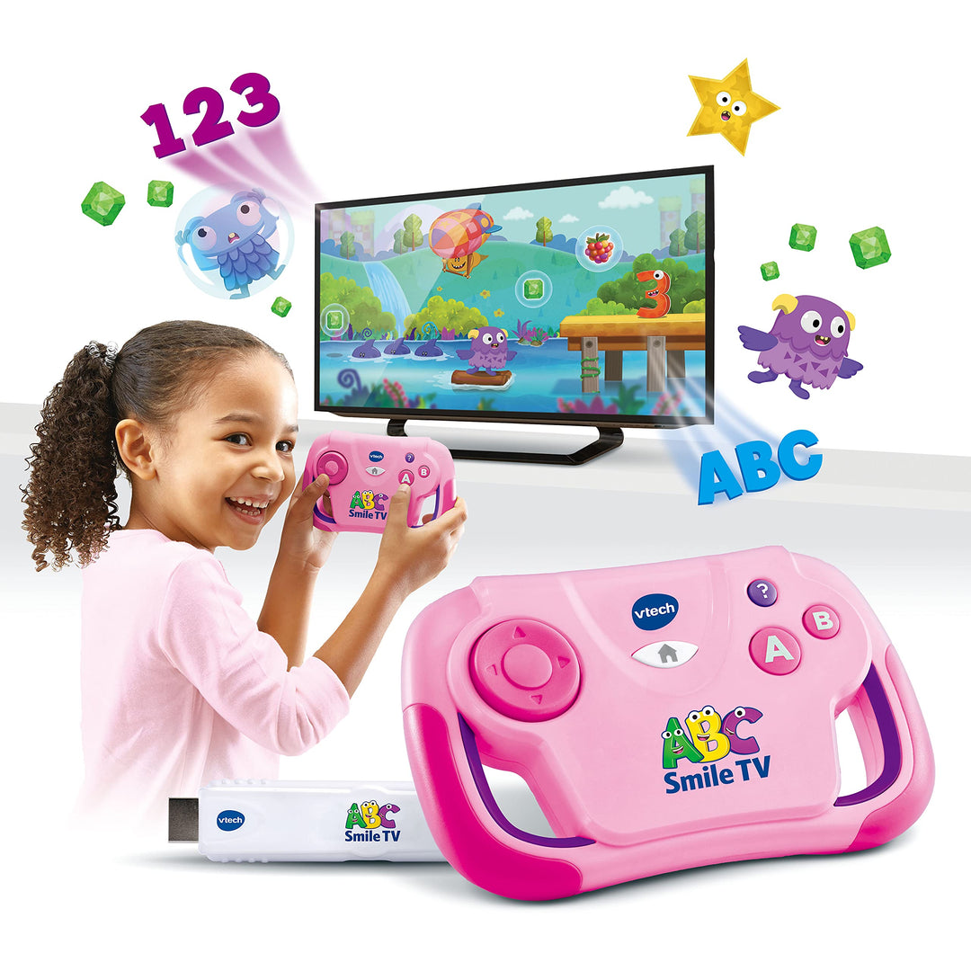 VTech ABC Smile TV pink – Kabellose Lernkonsole mit HDMI-Stick für den Fernseher mit 15 Spiel-Level