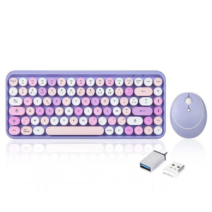 Perixx PERIDUO-713 Kabellose Mini-Tastatur und Maus, 2,4 GHz, abgerundete Retro-Tasten, Violett, AZE