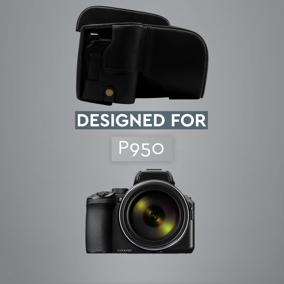 MegaGear Schutzhülle aus Kunstleder kompatibel mit Nikon Coolpix P950 - Schwarz, Schwarz